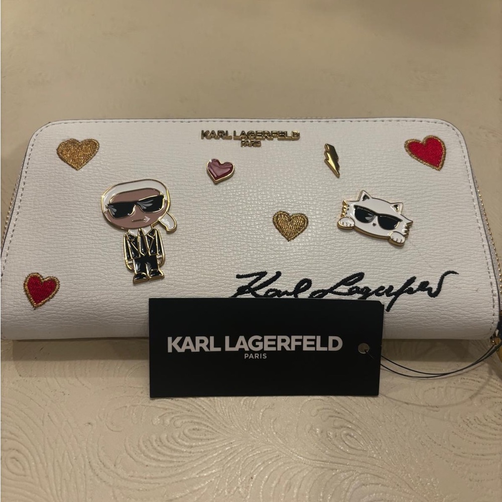 NWT KARL LAGERFELD Wallet Large Zip Embellished Icons White